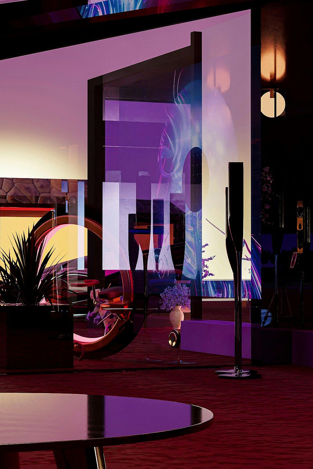 80s futuristic casino interior, a large window with a view of purple and black abstract digital art depicting a woman in profile on the wall, a tall black floor lamp beside a table, red carpeted floors, tall glass vases filled with plants, a low ceiling, photorealistic, cinematic.