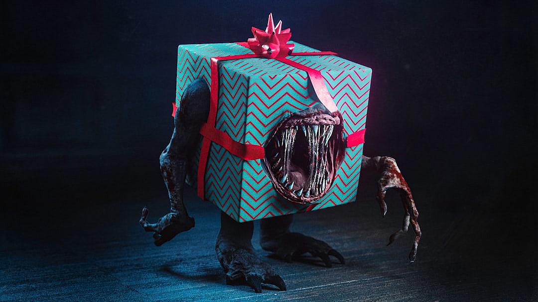 A scary monster with sharp teeth and claws carrying an open present box wrapped in blue paper with red patterns. The gift is opened to reveal something inside that has a bow on top. The monster’s mouth rimmed by its fangs sits wide across the opening of his belly as he walks forward towards the camera, against a black background, in the style of hyper realistic photography.