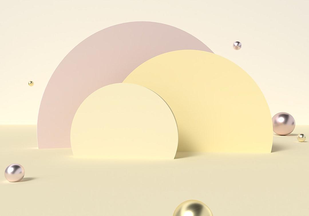 3D render of simple shapes in pastel yellow and pink, with spheres floating around them on the beige background, minimalistic in the style of no particular artist.