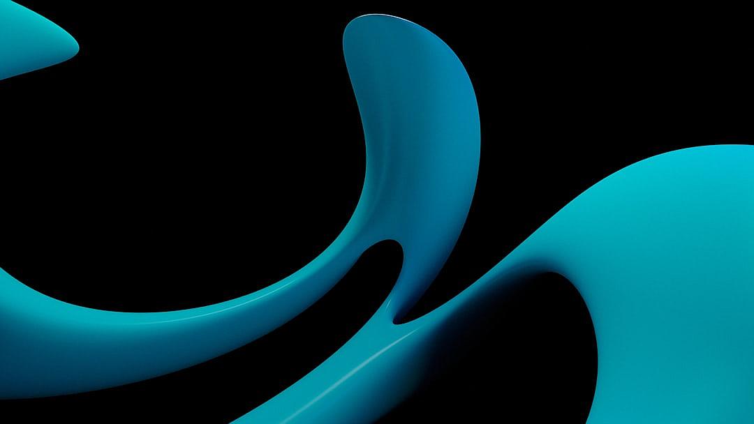 3D render of cyan abstract shapes on a black background, with a simple and minimalistic design featuring smooth curves. The style is reminiscent of curves in the style of an abstract artist.