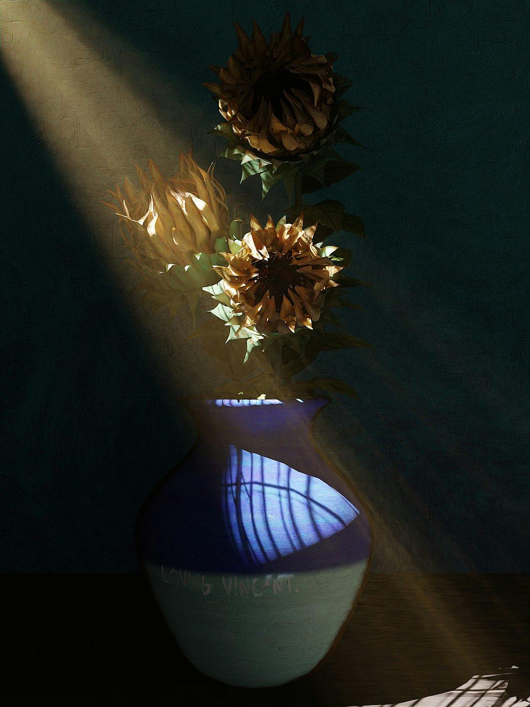 A vase with two sunflowers inside, on the floor, a ray of light from the window on the wall, shadows and reflections, dark blue background, the words “V excitant” written in white ink on the bottom right side of the vase, high resolution, high quality, high detail, hyper realistic, octane render, unreal engine 5, volumetric lighting, dramatic lighting, sharp focus, depth of field, bokeh effect, in the style of Hasselblad H6D400c MultiShot.