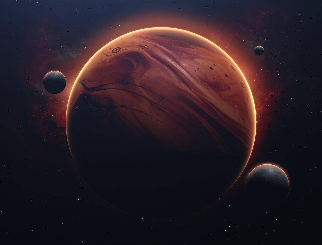 A gas giant planet with three moons against a space background, concept art in the style of [Paul Chabas](https://goo.gl/search?artist%20Paul%20Chabas), simple with dark red and brown colors, high resolution and detail, hyper realistic, a digital painting with octane render.