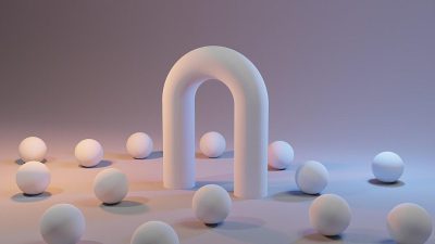 A simple composition featuring an arched white arch in the center, surrounded by multiple spheres of varying sizes and colors, creating depth with soft lighting and a neutral background. The style is minimalist yet colorful, evoking calmness through geometric shapes. This image was created using Cinema4D software on adobe stock.