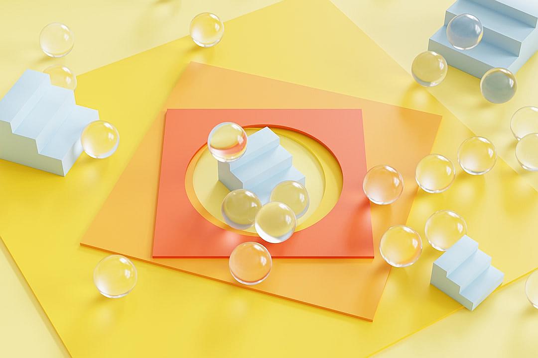 A composition of three flat, colorful paper squares on the left and right sides of the picture with glass spheres in different sizes floating above them. The background is yellow and blue, creating an atmosphere of lightness and freshness. In the center there is one solid orange square surrounded by transparent bubbles. Minimalist style. High resolution photography with maximum detail in the style of hyperrealistic and cinematic volumetric lighting.