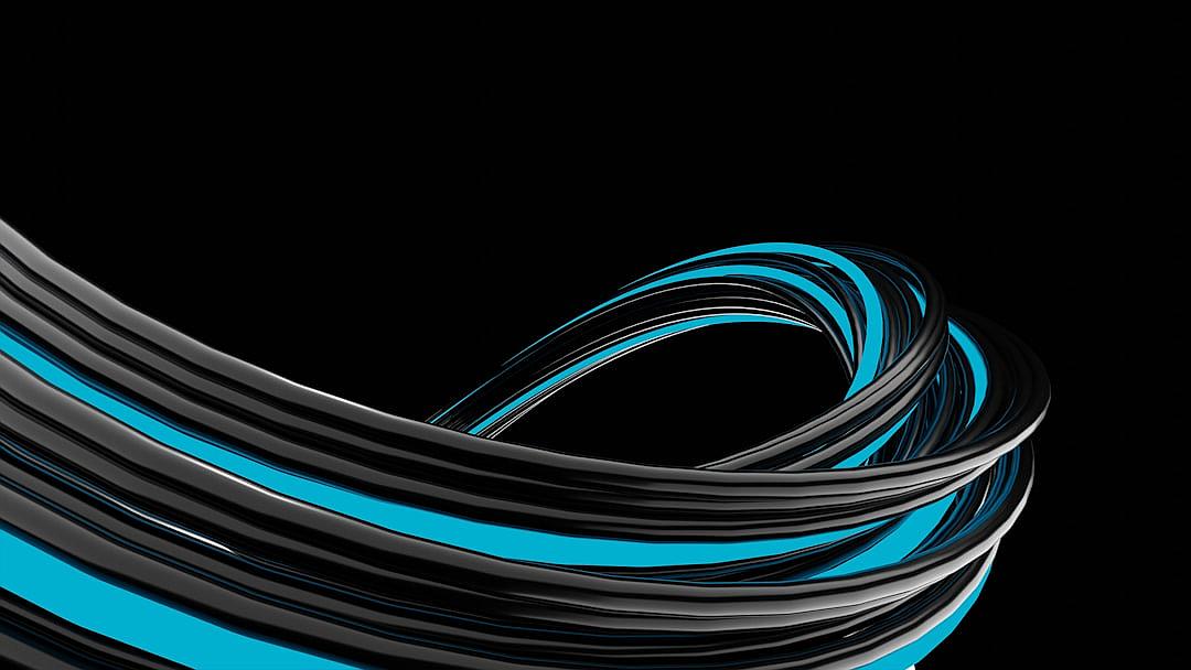 Black and blue wire, ribbonlike curves on a black background in the style of 3D rendering with high resolution, professional photography using studio lighting for a full body shot and closeup.