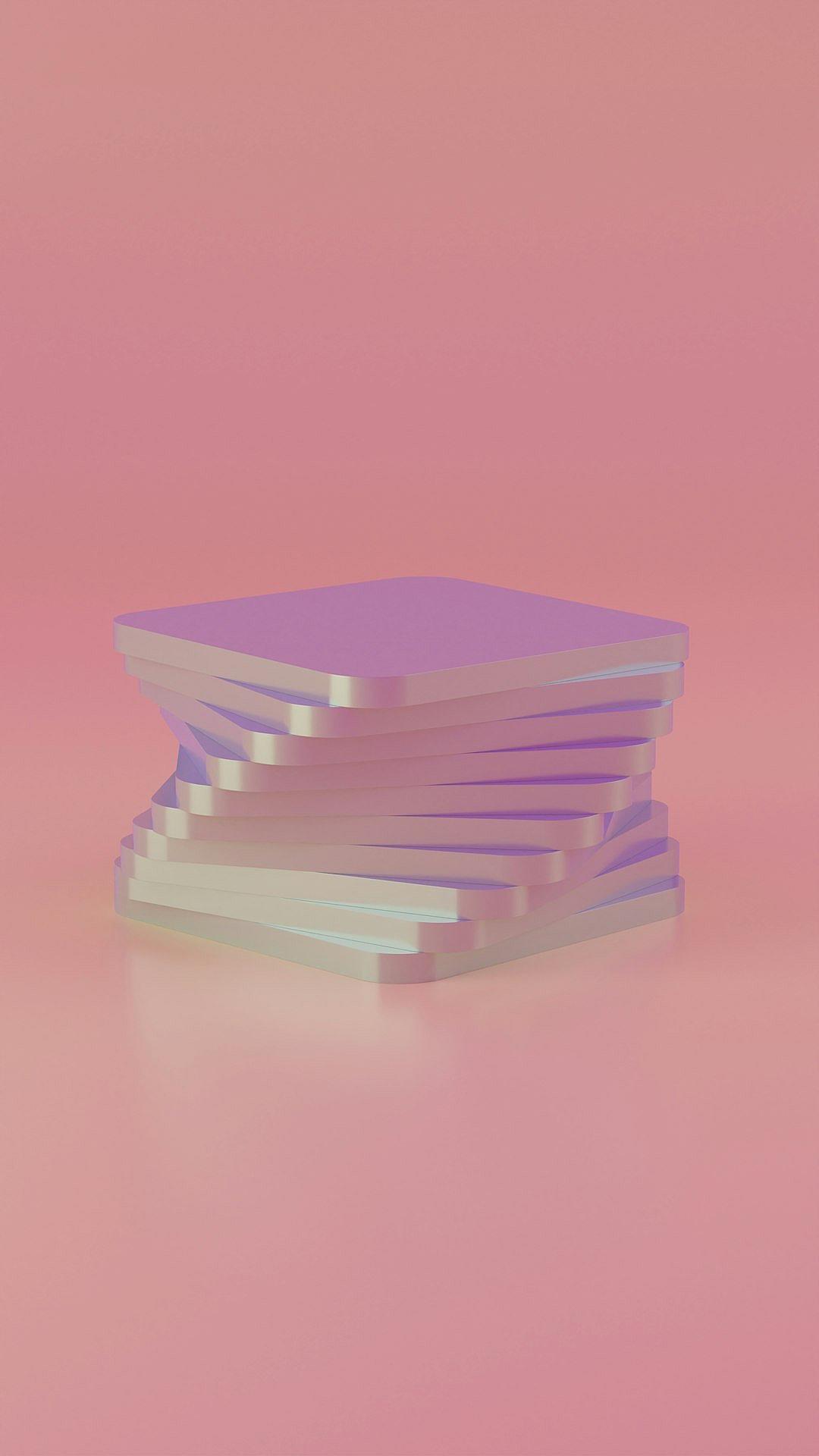 A stack of purple and white paper notes on a pink background, rendered in the style of Cinema4D rendering. The minimalistic scene features geometric shapes and soft lighting, creating an atmosphere reminiscent of 3D renderings. It features high resolution and a closeup perspective, showcasing the detailed textures and colors of each note. This design incorporates elements from modern art and digital art, adding depth to the composition.