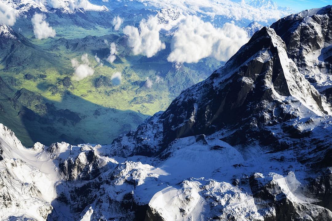 Beautiful view of the Andes Mountains from Eiger Mountain in Switzerland, snow on mountain peaks, green meadows below, clouds above, bird’s eye view, wide angle lens, natural lighting, professional photography, high resolution, high detail, high quality, high contrast, hyper realistic, super detailed, in the style of super photorealistic.