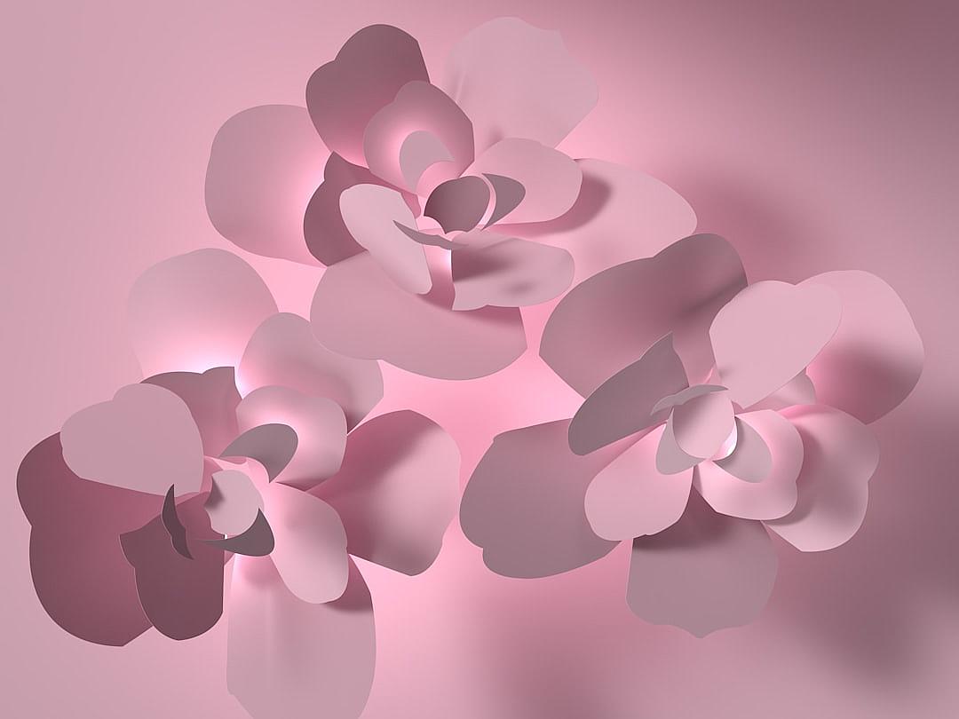 A minimalist composition of three large paper orchid flowers in shades of pink, with the petals rendered as delicate cutout shapes against an isolated pastel background. The arrangement is balanced and harmonious, creating a sense of serenity through simplicity. This design would be suitable for high-end wallpaper or interior decor in the style of a minimalist artist.