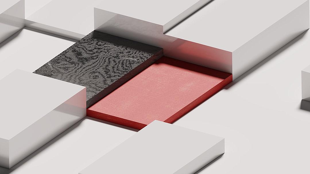 a close up of an abstract white box with red highlights and grey shadows, a flat graphic design of the inside wall is made out of black paper, a rectangular piece cut from it showing pink material underneath, simple shapes, a 3d render, a closeup shot, a gray background, a graphic design poster art style, a flat composition, a limited color palette, an industrial interior, a 20 megapixel camera, a closeup of a minimalistic geometric pattern on a modern concrete surface