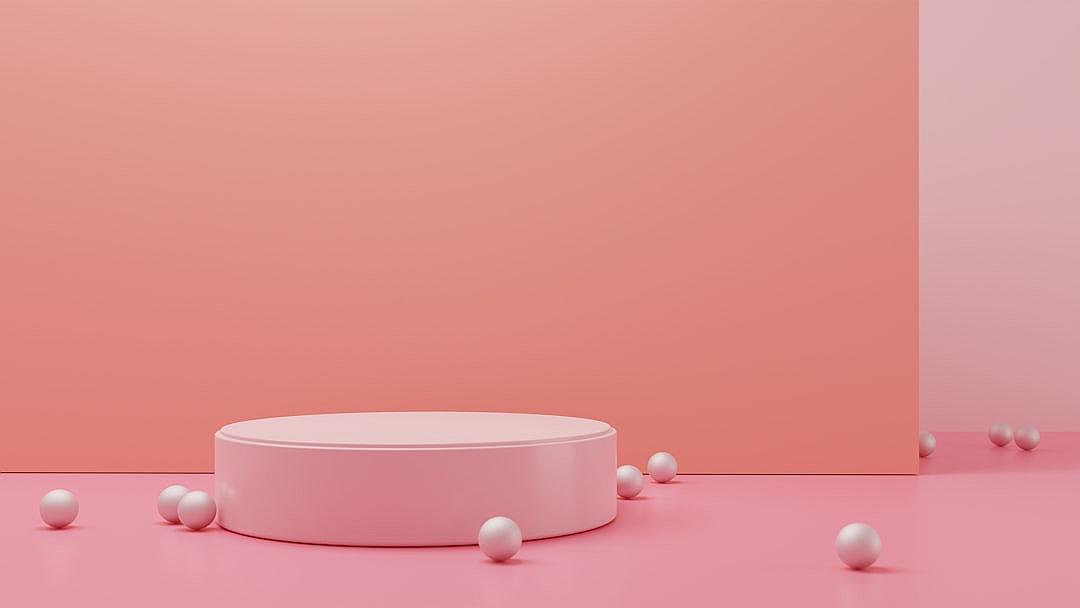 Minimal abstract background for a product presentation, a round podium with pink balls on the floor and empty space for text, a 3D rendered illustration in the style of stock photography, a simple composition, feminine and cute colors, soft lighting, high resolution photography.