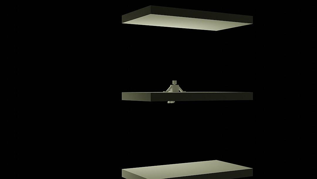 3 floating shelves in the air, each shelf has one small bottle of white powder on it, floating above an all black background, rendered in cinema4d, minimalistic design, hyperrealism, high resolution in the style of cinema4d.