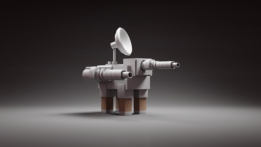 A simple, minimalistic 3D model of an aerial laser gun made from LEGO bricks. The sculpture is grey and has two large mortars mounted on its top that hold white orbs. It stands upright against a dark background, with the spotlight shining directly at it. This scene captures every detail in high resolution in the style of minimalism.