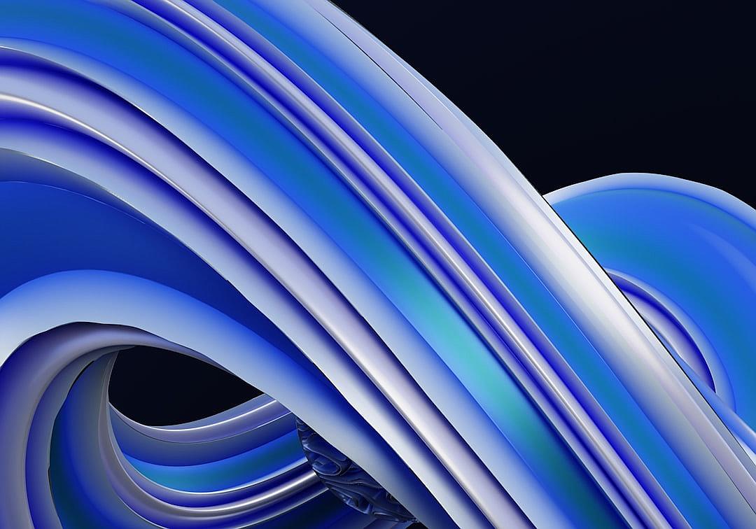 Blue curved lines, a three-dimensional effect with a dark background, 3D rendering at a 45 degree perspective angle in the abstract art style, created in the C4d software at a 2K resolution. High definition with exquisite details and textures, high saturation with a blue tone, elegant curves with a smooth surface. The overall composition is simple yet visually appealing, in the style of abstract art.