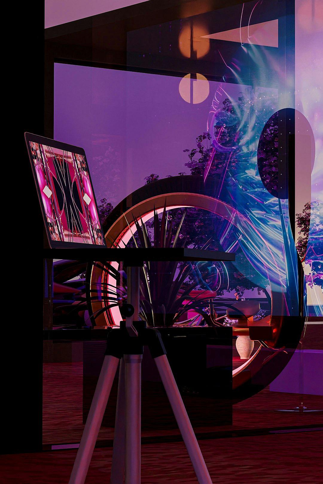 A closeup of the holographic projection display on an LED screen in front, with two bicycle wheels next to it and a computer table behind. The background is purple, creating a futuristic atmosphere with 3D rendering effects. A highangle perspective highlights details such as geometric patterns on the wheel, creating depth and realism. High resolution photography style with bright colors, shadows and reflections.,,in