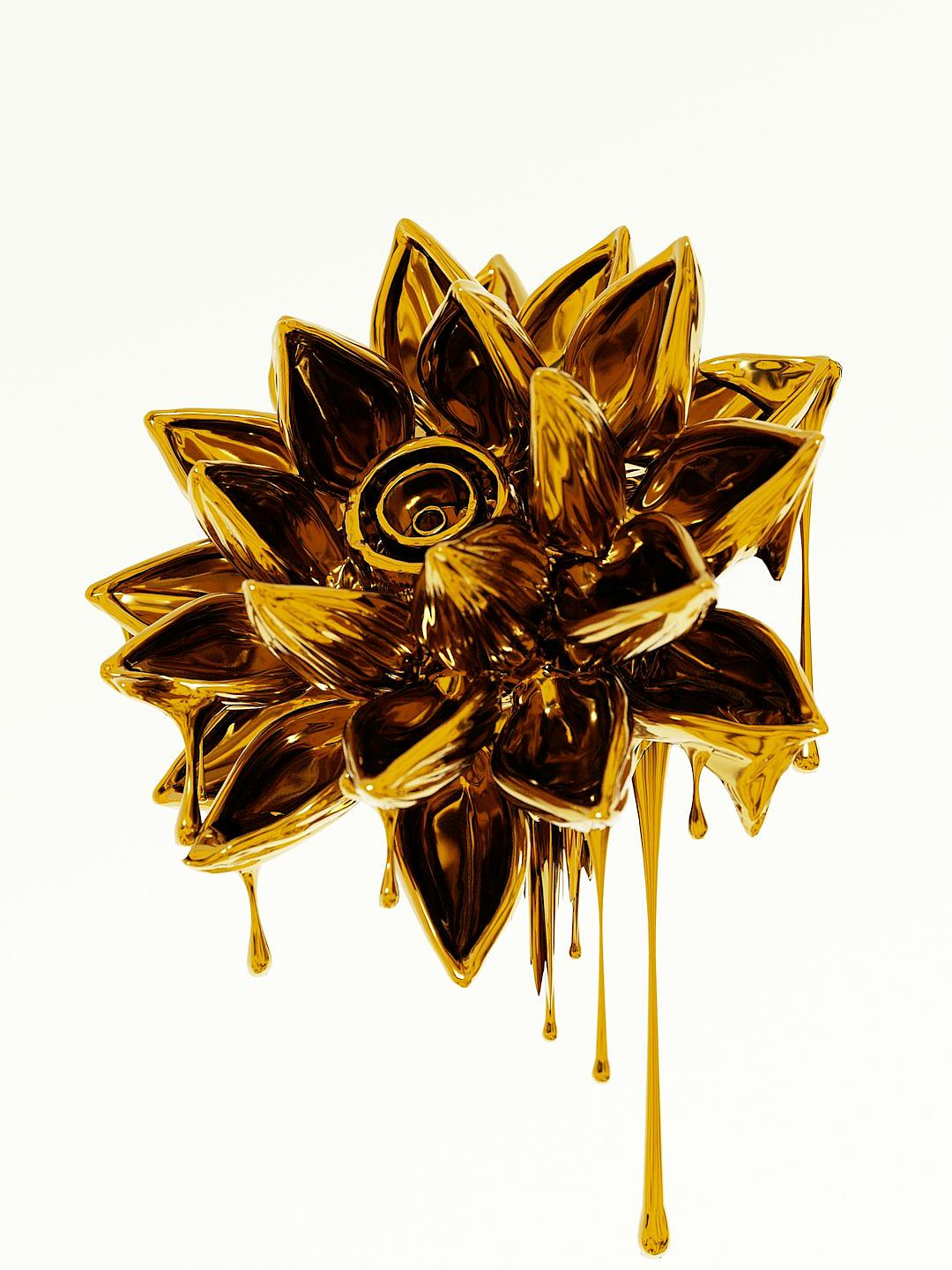 A golden metal flower dripping with liquid gold on a white background, in a 2D illustration style and cartoon style. The art has a graffiti style in an ultrahigh definition resolution with high detail in the style of hyperrealistic and photo realism.