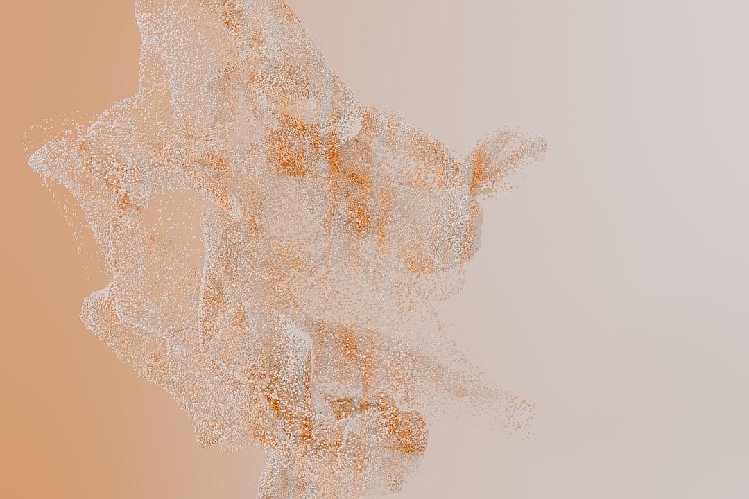 an abstract 3d render of white and peach colored dust particles swirling in the air, low detail, minimalist