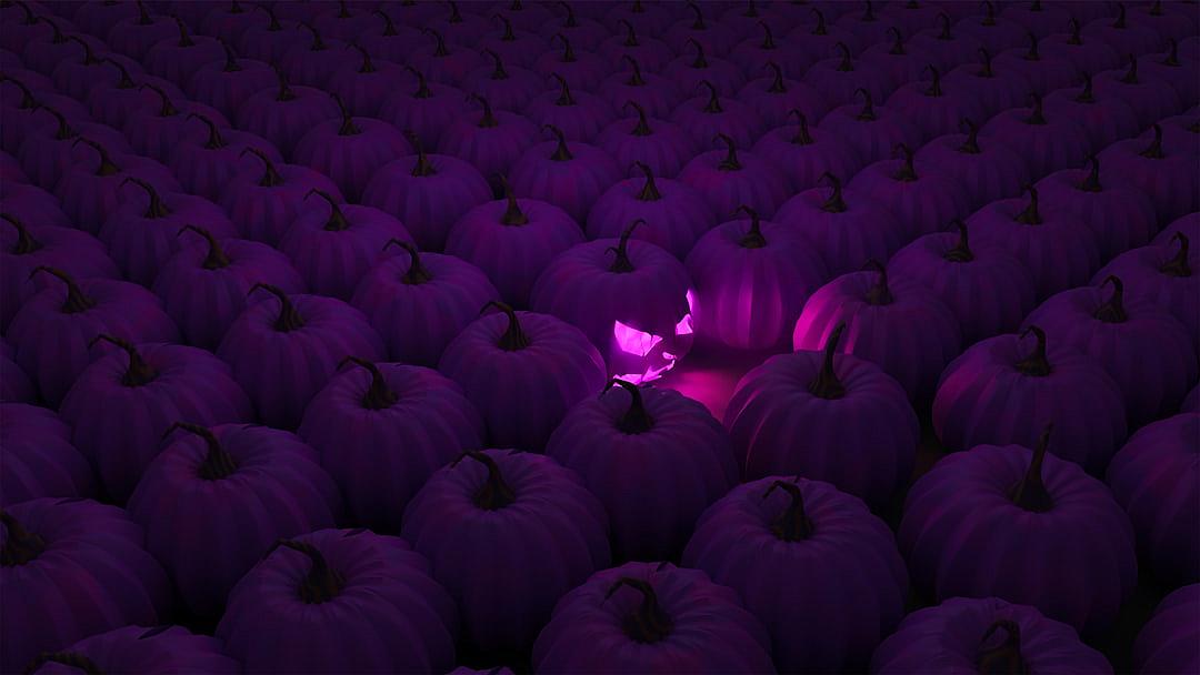 a sea of purple pumpkins, one pumpkin is glowing with pink light, halloween background, ultra realistic, cinematic, dark mood