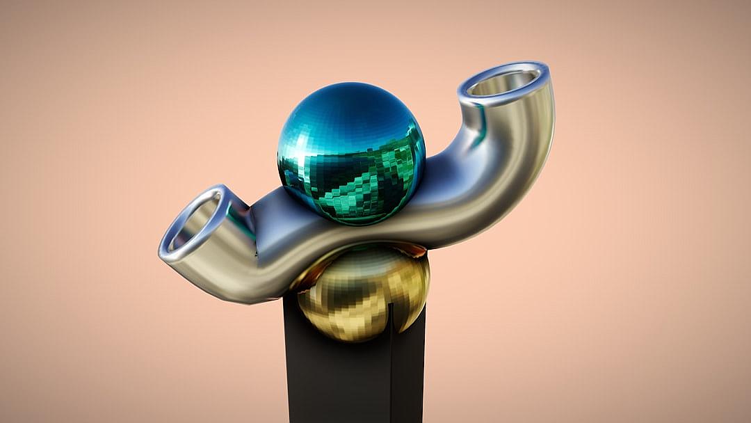 A metal pipe with three-dimensional spheres on the end, green and blue, one sphere is made of mirror material and has a metallic texture. The overall shape resembles an abstract sculpture. It stands upright in front of a solid color background, with a solid surface and a 3D rendering effect, in the style of C4d.