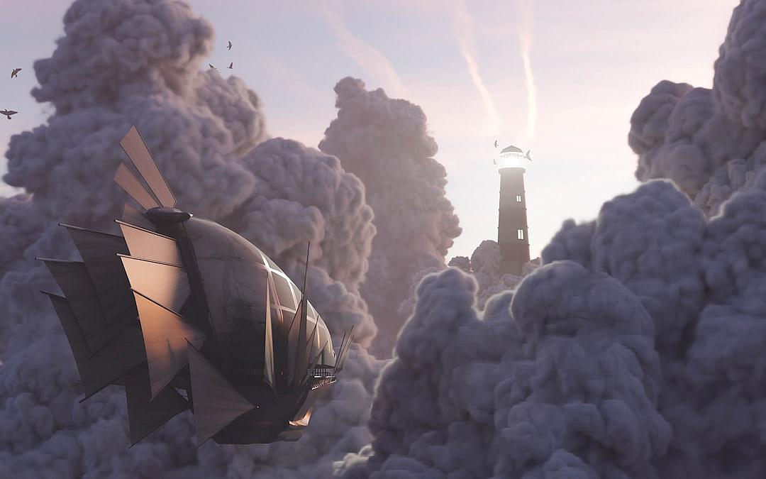 A flying airship made of black and white fabric floats in the sky, surrounded by clouds that resemble gray smoke on fire. In front is an old lighthouse with wooden elements. The colors used for lighting are light pink and dark blue. Unreal Engine rendering style. High resolution.