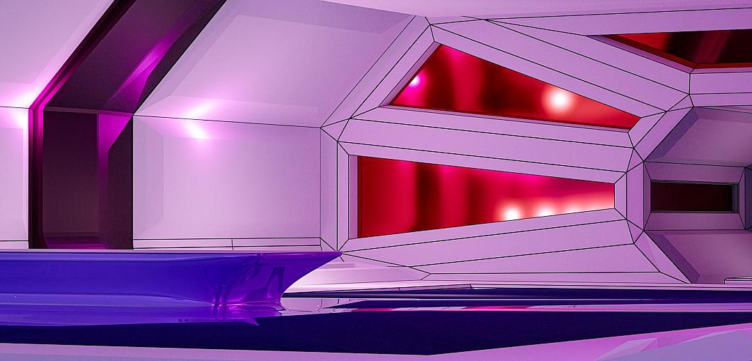 A purple and white television studio set with an angular design, featuring geometric shapes and a bold color scheme. The studio is illuminated with red lights that create depth in the space. In the background of the scene there is a futuristic pink window.