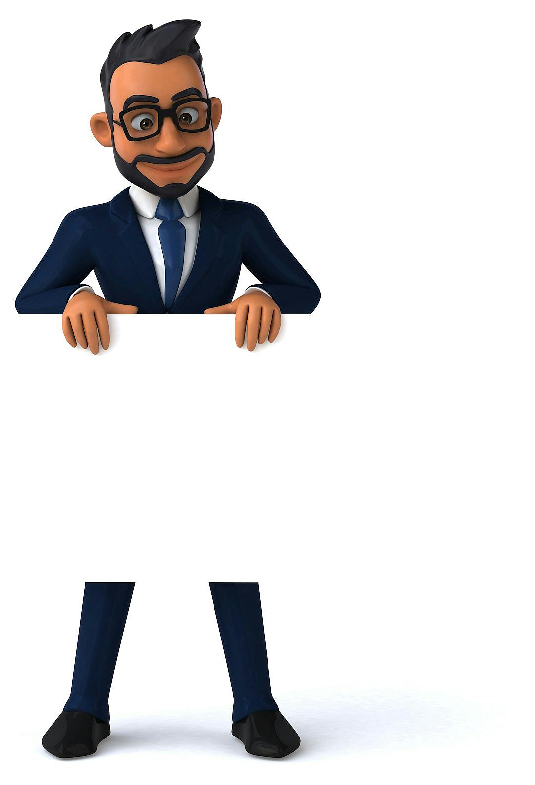 3D cartoon of Pixar style happy businessman with black hair and beard wearing a blue suit standing holding a white banner against a white background, high quality render, in the style of Pixar.