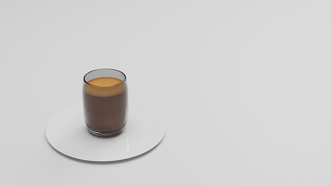 A glass of coffee on the white plate, isometric angle, simple background, minimalism, rendered in C4D, in the style of Unreal Engine5