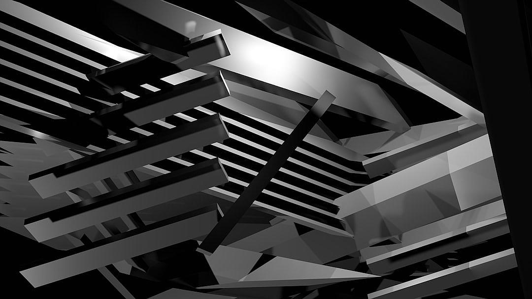 Black and white 3D render of an abstract structure. The design is deconstructed in layers and is made up of angular shapes with sharp edges. The lighting highlights its metallic texture by creating reflections on each other. The scene conveys movement and energy. The background is dark to highlight the details of the object and it creates a sense of depth as if you were inside or around it. The overall effect would be one that adds intrigue and mystery to your visual narrative.