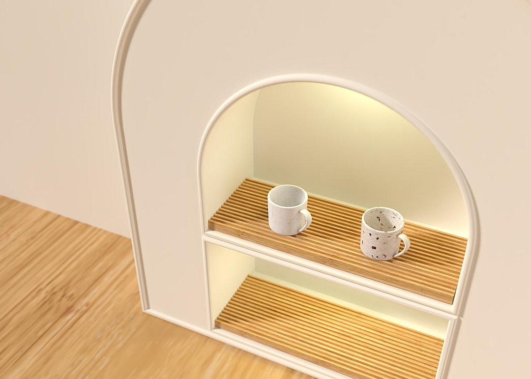 Design of two shelves with an arched window on the wall, wooden strips and white ceramic mugs in a simple style for interior design, renderings provide a closeup view.