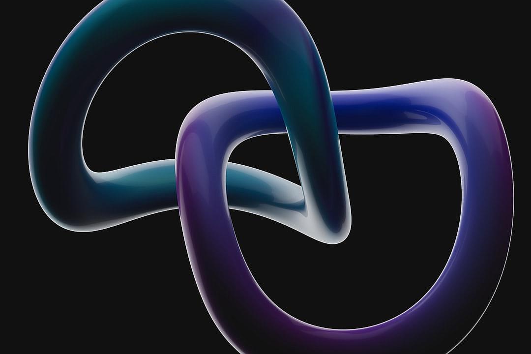 Two intertwined chains in the style of fluid forms, a dark purple and light blue, on a black background, rendered with Cinema4D.