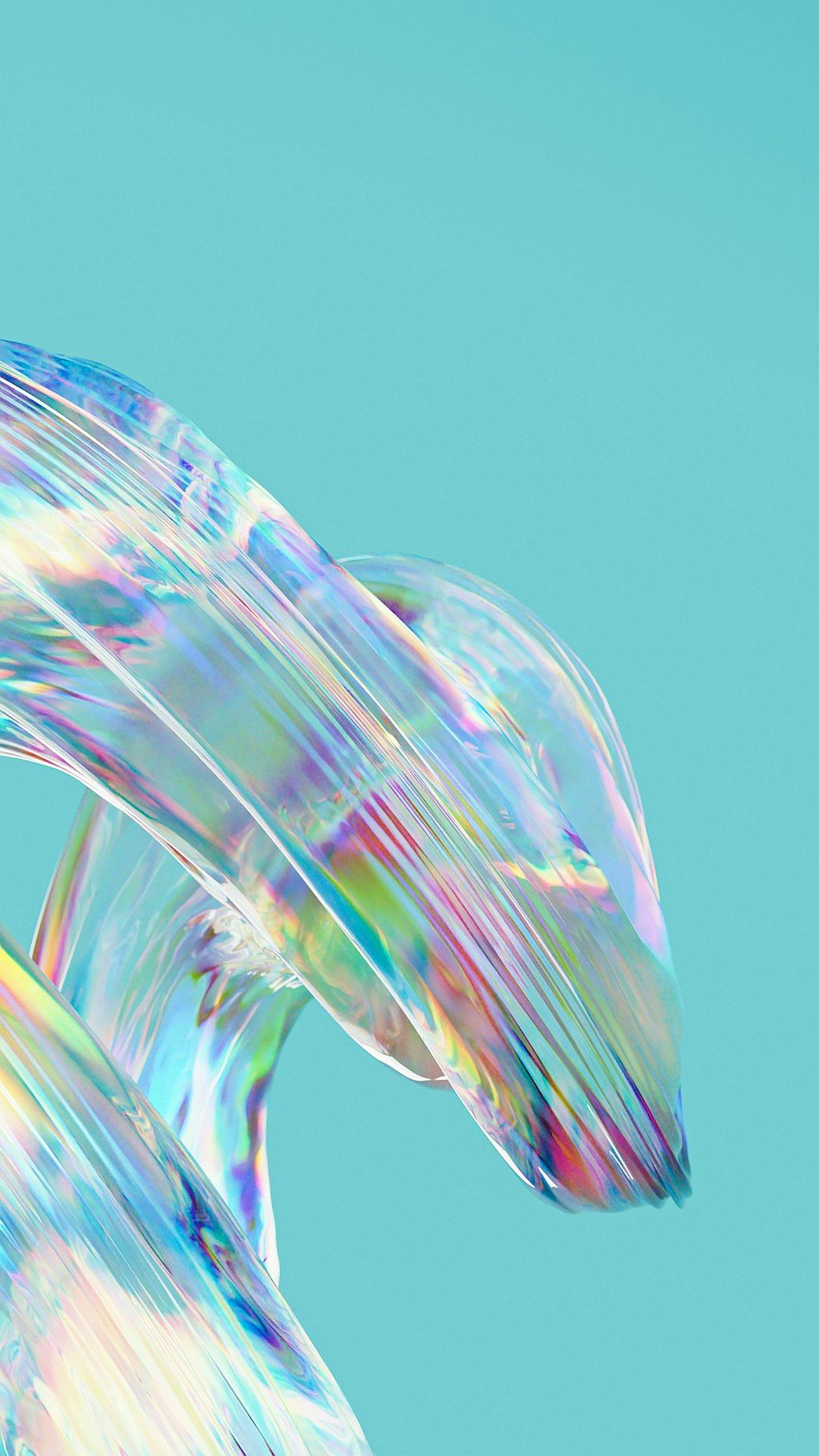 A minimalistic, digital art design of an abstract animal made from iridescent glass with clear and rainbow colors, set against a pastel blue background. The focus is on the fluidity and elegance of its form, capturing movement in a simple yet captivating composition.