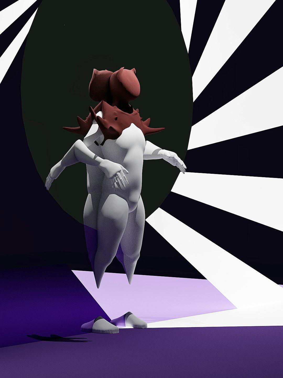 3D render of a cartoon character with red hair in a white bodysuit dancing on a purple and black background, minimalistic design with smooth textures, flat lighting, a monochromatic color palette, geometric shapes, shadows casting over the scene, clean lines, a symmetrical composition, bold outlines, minimal details, a surreal and psychedelic vibe, rendered in the style of octane rendering.