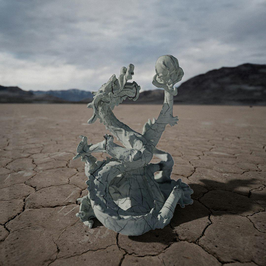 Surrealistic photography of an anthropomorphic marble dragon, broken and cracked in the middle of dried lake bed with cracked ground, dark desert landscape, photorealism, hyperrealism, octane render, volumetric lighting,