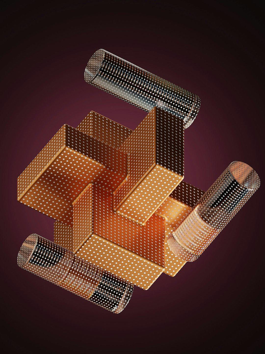 A composition of four bandages shaped as an isometric cube, with one above and three below, made from metal mesh with a dark brown background. The overall style combines realism and digital art, creating a sense of depth through lighting effects. This scene has been created using C4D software for rendering. It features intricate details on each bandage, showcasing their unique textures and patterns. The color scheme includes shades of gold, silver, black, red, orange, purple, and white.