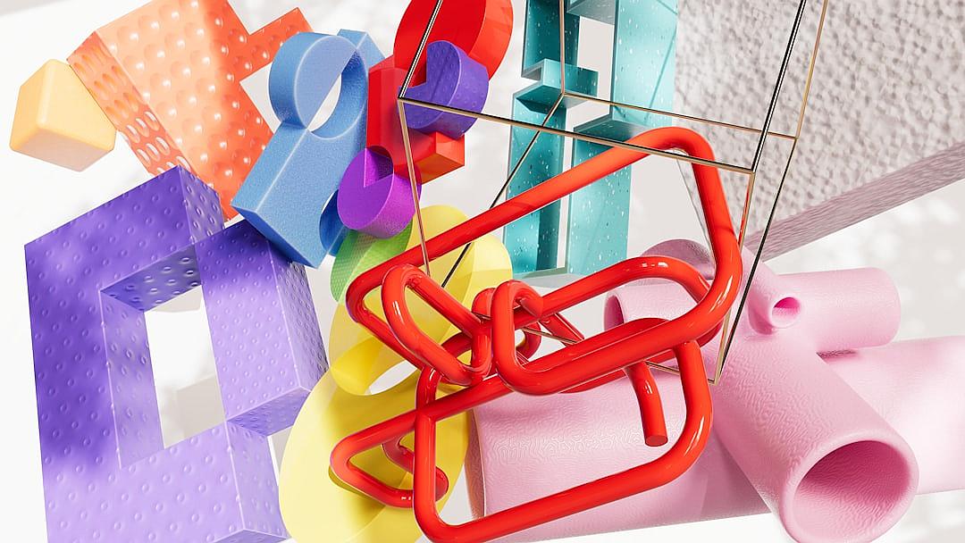 3D colorful paper clips on a white background, red and pink plastic tubes with rounded edges, geometric shapes of blue cubes, purple text “IG” in bold letters displayed in the style of interlocking figures with thin yellow lines, green spiral patterns, a closeup view showcasing the intricate details and textures of each element, soft lighting casting gentle shadows, creating an atmosphere of fun and creativity in the product photography.