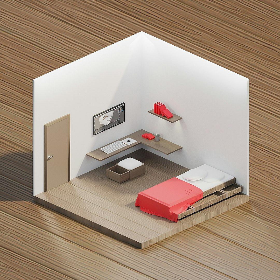 isometric, simple room with bed and desk in the corner, red accent color, wooden floor.