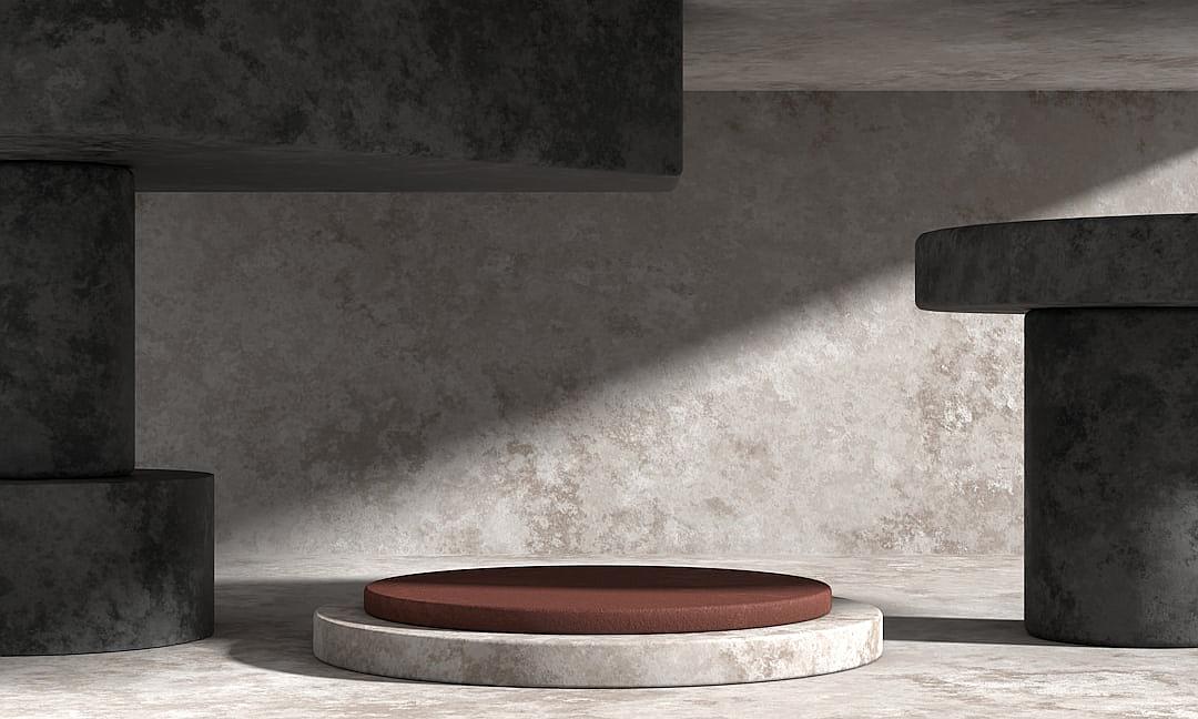 A minimal and modern podium for product display, composed of textured stone and concrete elements, featuring a simple circular platform with subtle shadows on the wall, creating an elegant atmosphere for showcasing products in a clean environment. The design incorporates earthy tones to evoke a rustic elegance.