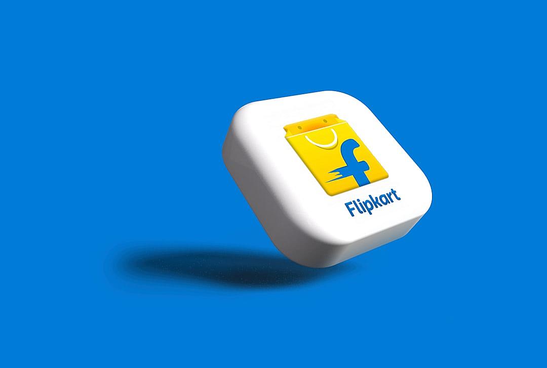 A white button with the text “FLIP📱” and a yellow shopping bag icon floating in air on a pure solid background, representing an online ecommerce platform like a flipvenile app isolated on a clear simple blue background. This 3D rendering illustration is in the style of an online shopping app interface.