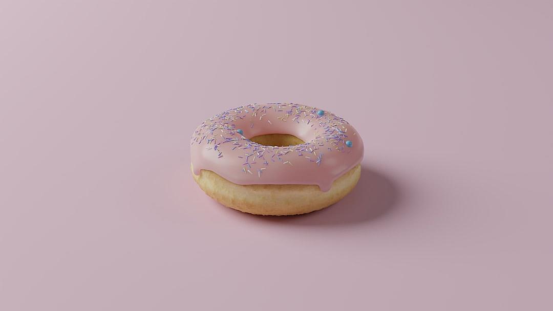 3d render of donut with pink glaze and sprinkles on solid background, minimalistic stock photo in light colors, high detail