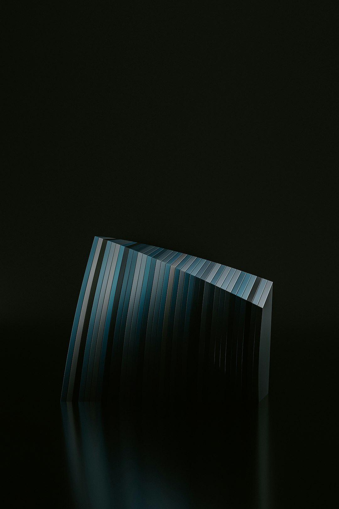 Black background, threedimensional rectangular metal object with horizontal stripes of different shades of blue on the front and dark edges at both ends, illuminated by soft light, creating an abstract art style. The image is presented in high definition photography style.