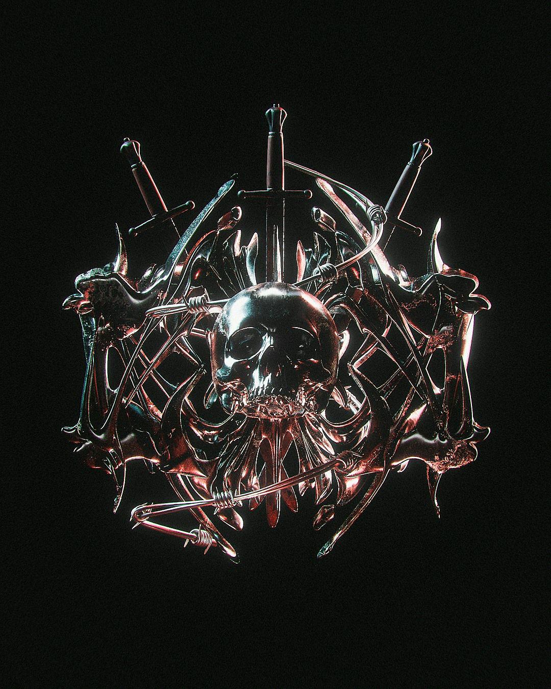 tshirt design, A chrome skull surrounded by many long knives in the style of dark background with intricate details, 3D render, metallic sheen, high contrast, hyperrealistic detail, volumetric lighting.