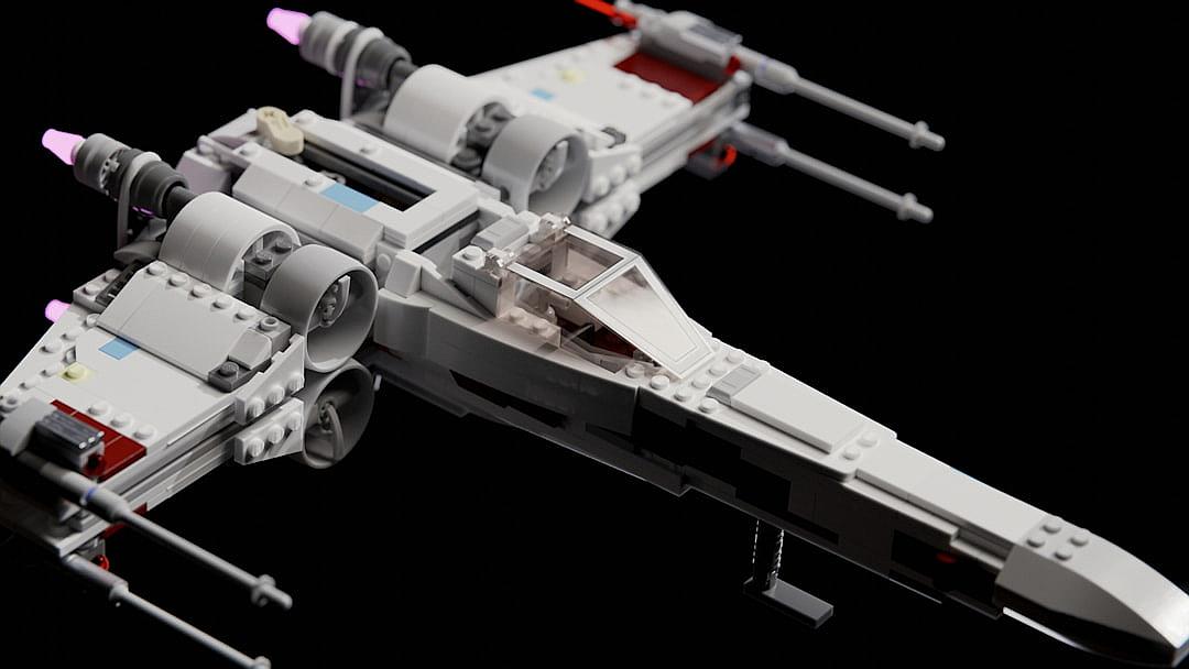 Lego Star Wars XWing, white and grey colors, black background, detailed photography