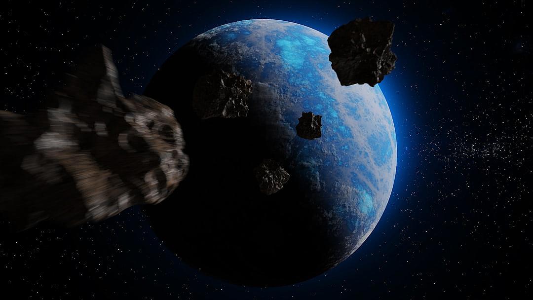 A dark blue planet with three large black rocks floating in space, an asteroid is approaching the earth, in the style of Star Trek, cinematic shot, cinematic lighting.