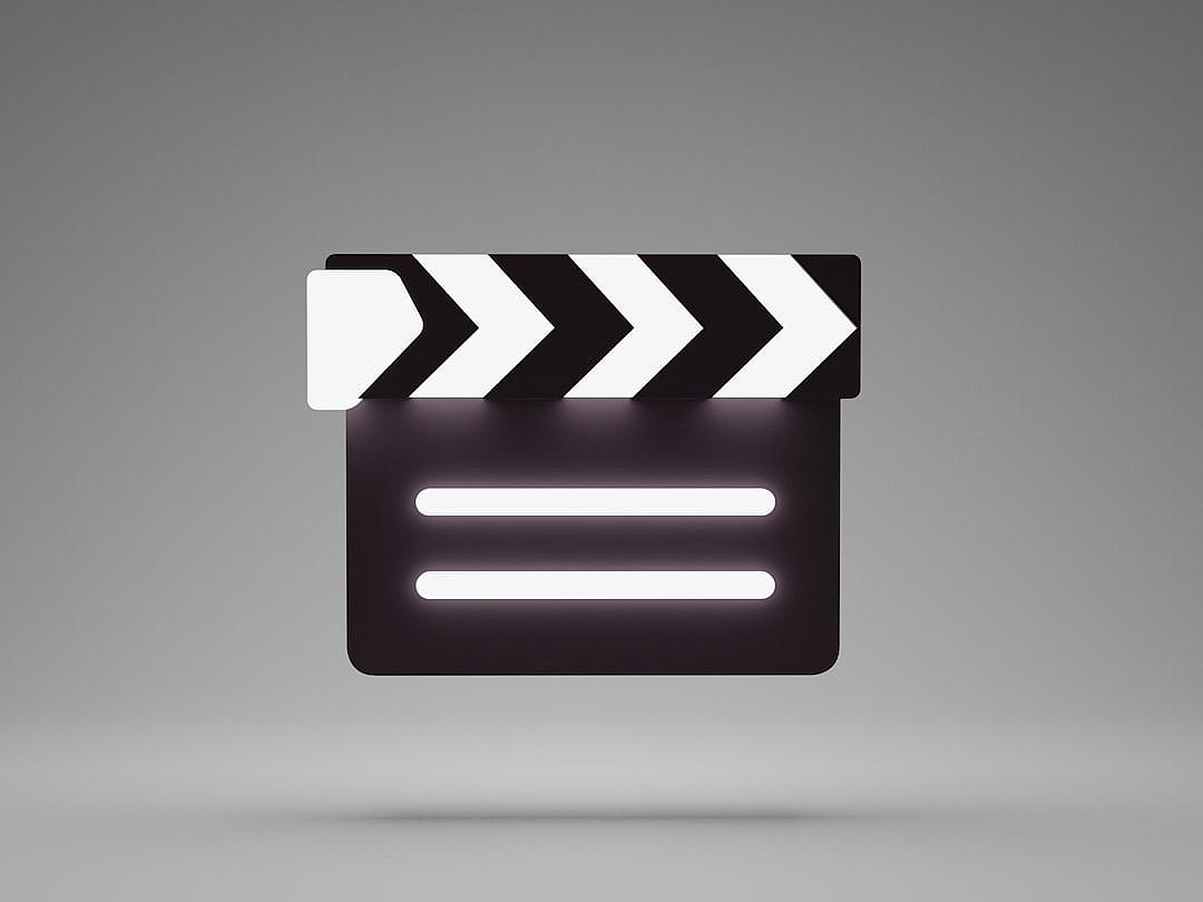 An icon of a clapperboard, with a simple design on a grey background, rendered in the 3D rendering style of cinema4D with octane, shown from the front view at a high resolution.