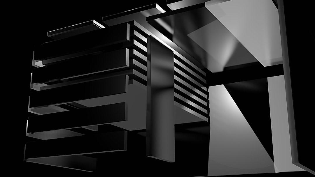 3d render of an abstract architectural design, rendered in black and white with sharp edges, featuring straight lines and geometric shapes, showcasing the use of perspective to create depth and movement, with light casting shadows on one side creating contrast against a dark background, conveying a sense of modernity and precision.