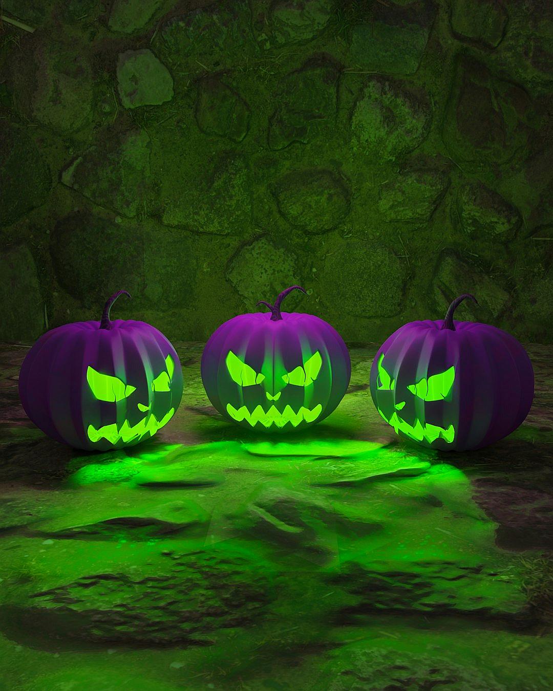 3D render of three purple pumpkins with green glowing eyes on the ground, mossy stone background, green light from behind the pumpkin’s face