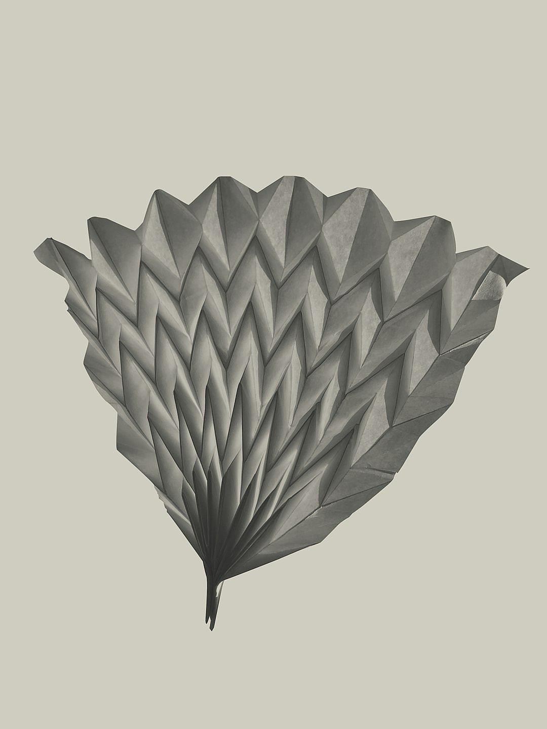 A digital art piece of an origami leaf, made from gray paper with intricate folds and creases, symbolizing growth or the beauty found in nature’s patterns. The background is plain to highlight the detailed textures and shapes created in the style of folding.