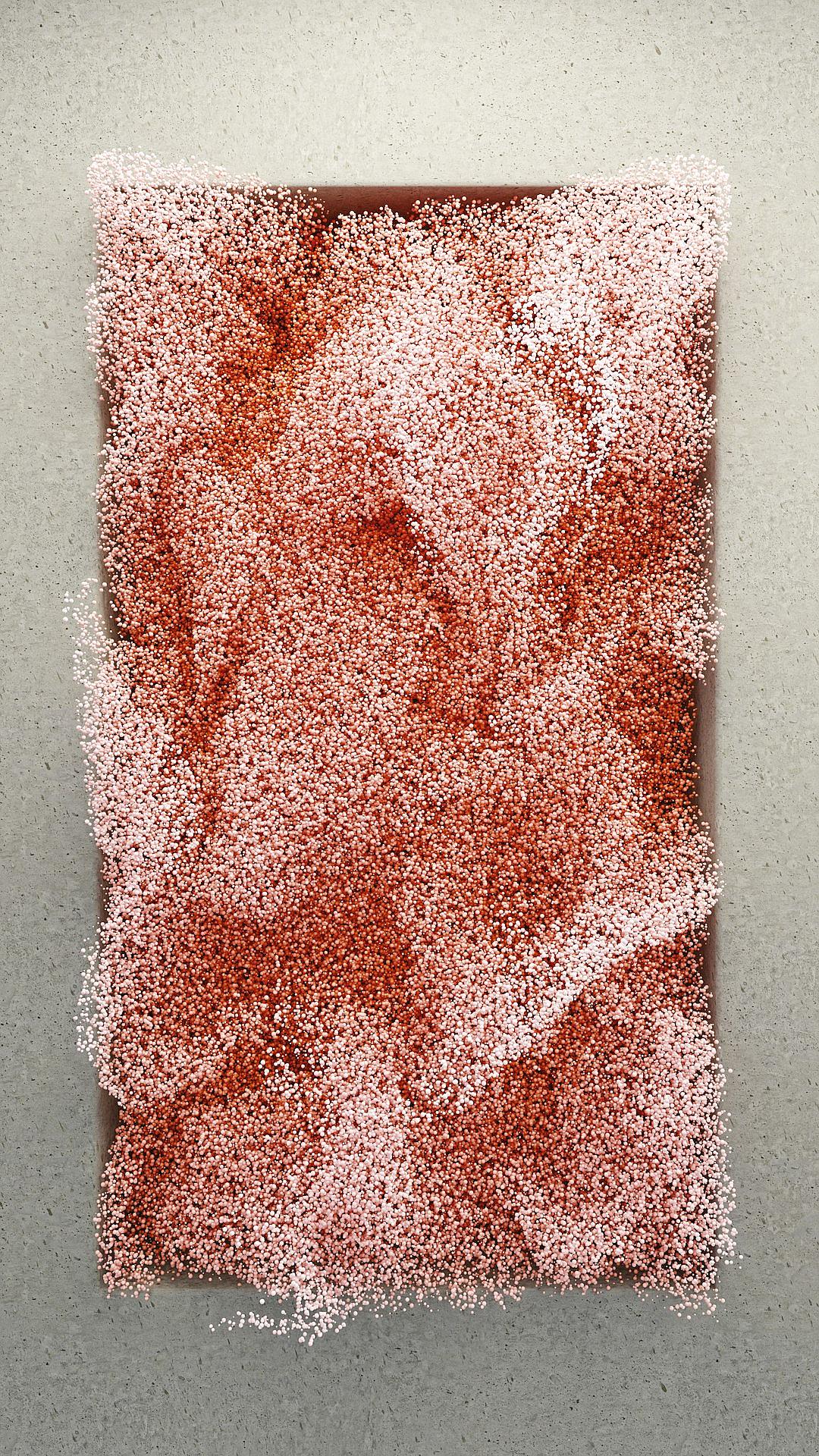 A rectangular piece of paper with an abstract red pattern made from fine particles, covered in pink and white glitter on the surface, against a gray background. The particles form complex shapes that create depth and dimensionality, giving it a threedimensional appearance. It is painted in watercolor style, with soft edges and delicate brush strokes. This artwork was created by artist Wona Lifsches using Procreate for digital painting.,