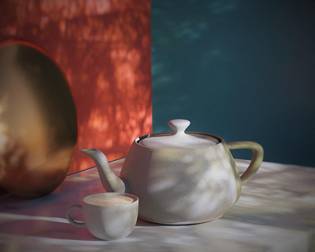 3D render of an elegant teapot and cup, set against the backdrop of a table with soft lighting casting gentle shadows on its surface, creating a serene atmosphere. The scene is captured in high resolution, showcasing intricate details that bring out the texture and color of both items. This image was created using C4d software to create realistic textures and materials in the style of an advertising or product display image.