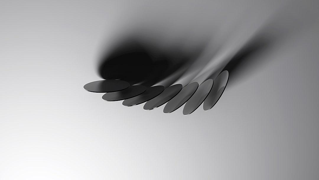 3D render of a fork, minimalistic, monochrome, black and white, simple shapes, clean background, gradient grey, floating in the air, macro photography, depth of field, soft lighting, reflections on the metal surface, no shadows, closeup shot, focus stacking, in the style of no particular artist.