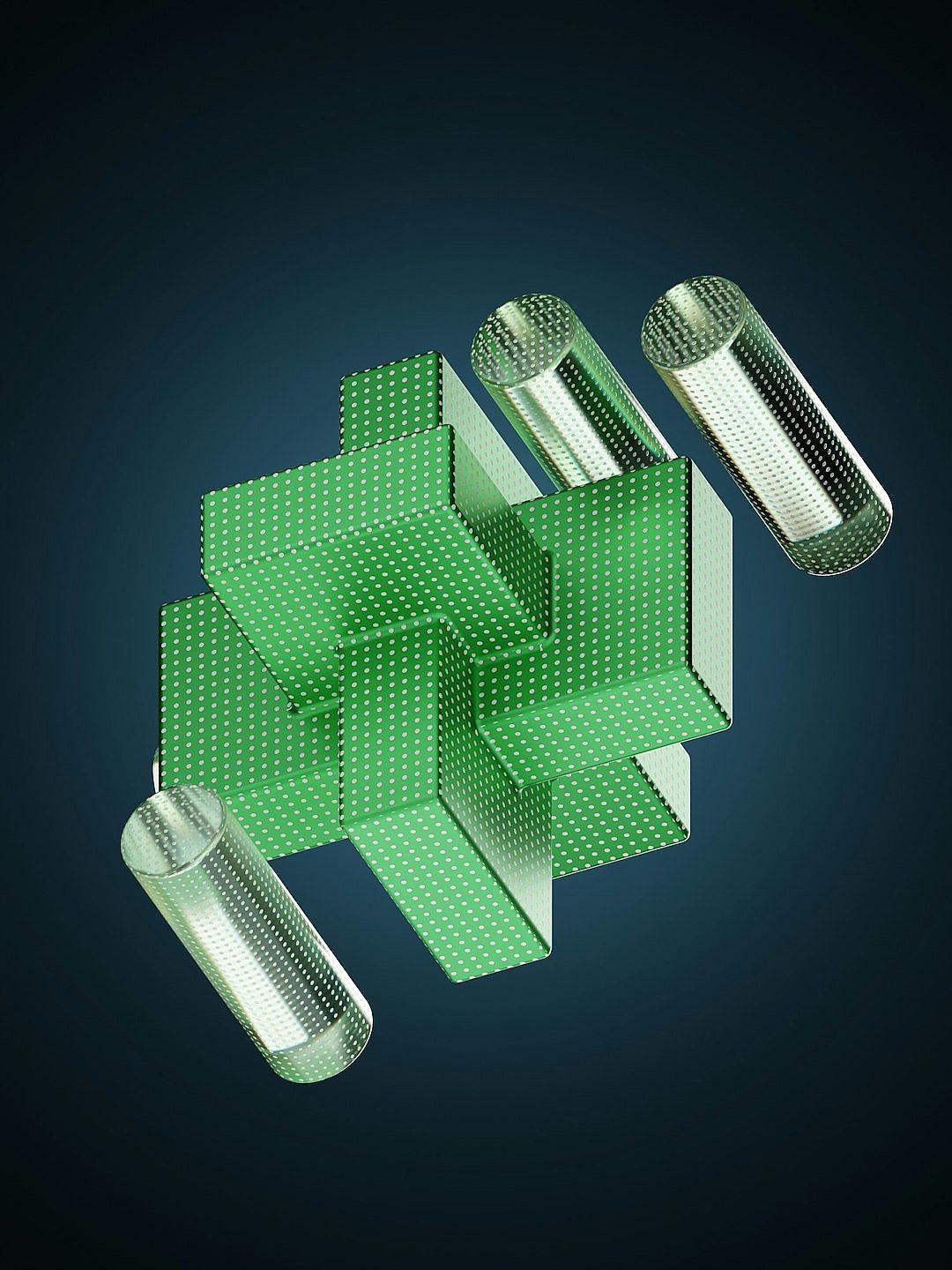 Green and silver pills in the shape of an isometric cube, graphic design poster art style in the style of dark blue background, clean composition, three-dimensional form, geometric shapes, white dots on green surface, top view, cinema4d rendering, high resolution photography, perspective composition, volumetric lighting, frontal light source, dynamic angle, glass texture, holographic glow effect.